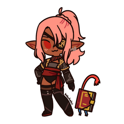 Chibi drawing of a pink-haired lalafell and her Page 63 minion